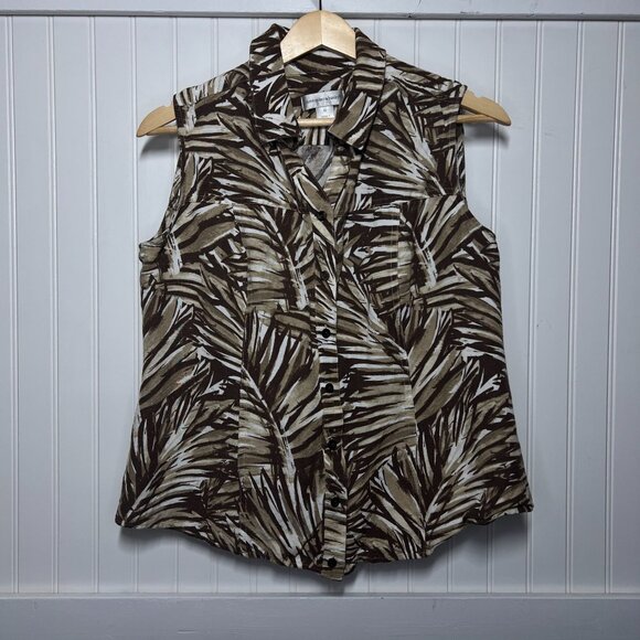 Christopher & Banks Sleeveless Button Up Linen Blend Top Brown Abstract Pattern - Picture 1 of 9